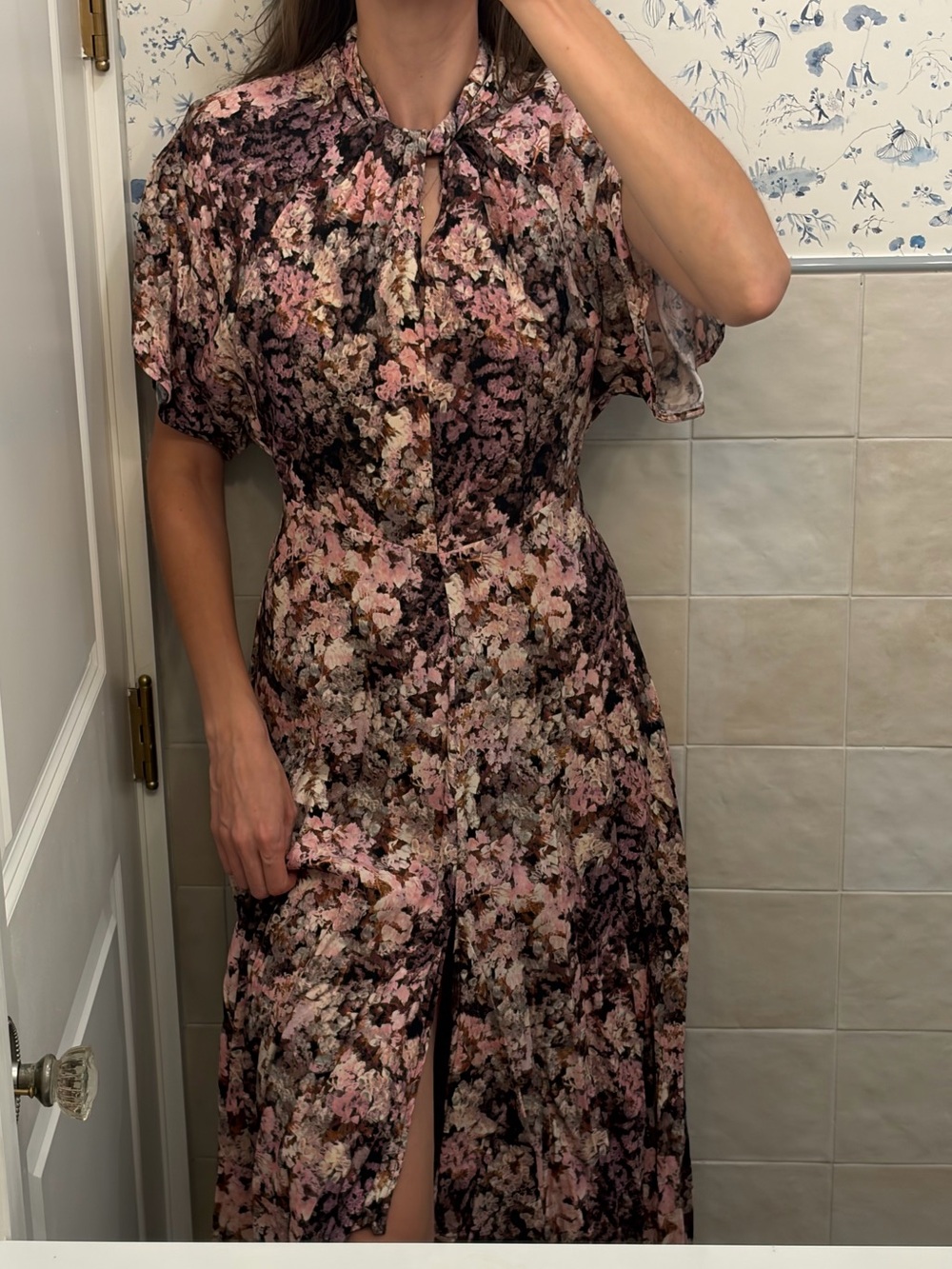 H&M Pink and Brown Floral Maxi Dress with Front Slit and Twisted Neckline